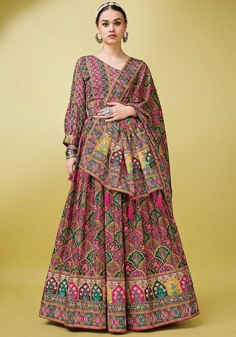 Pink Printed Blended Lehenga Choli — view on Indya