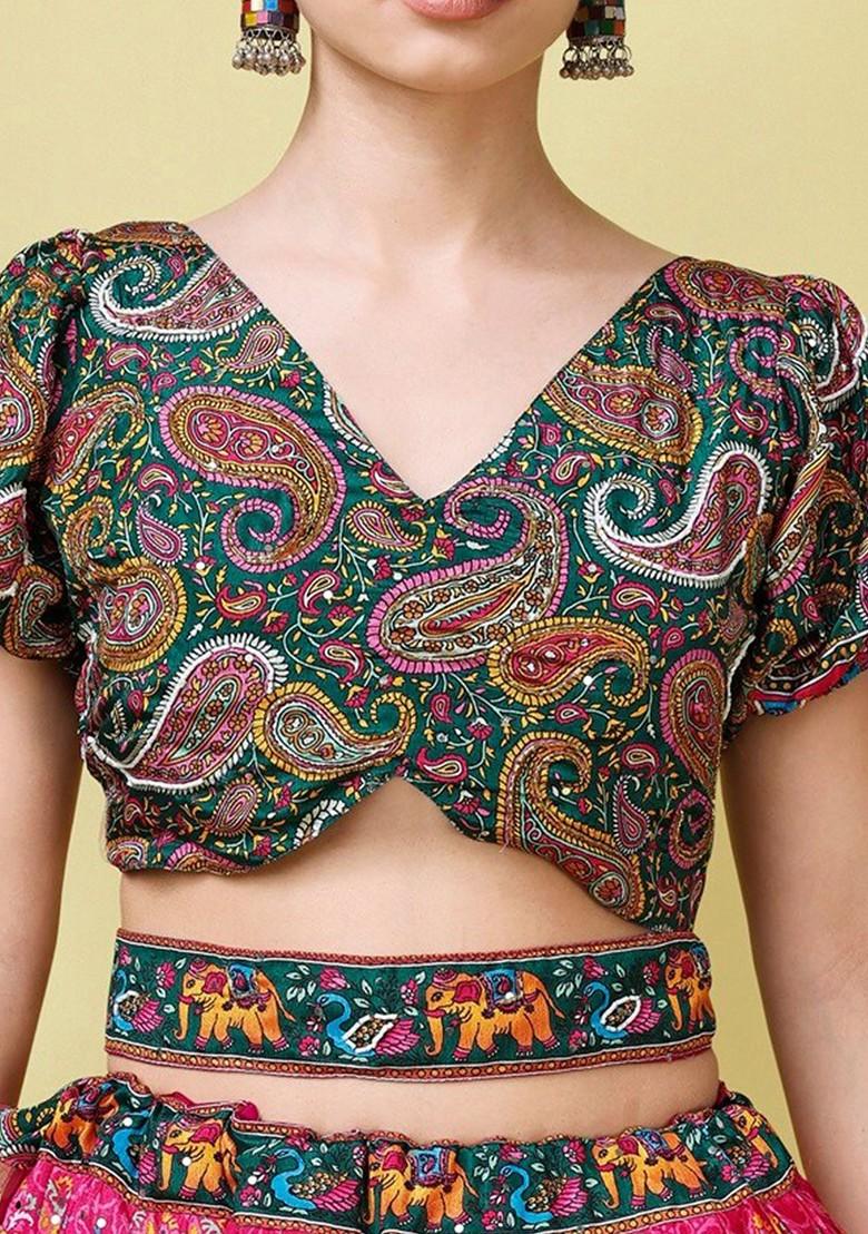 Green Printed Blended Lehenga Choli - Indya