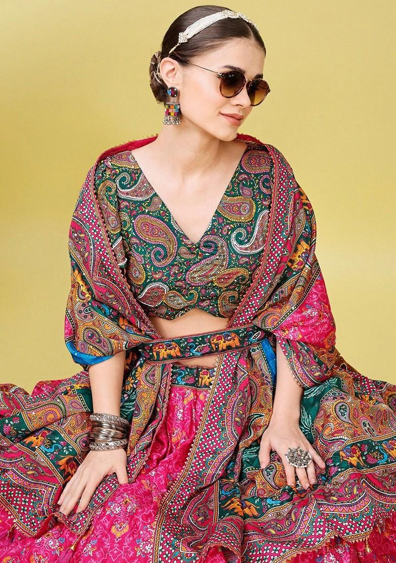 Green Printed Blended Lehenga Choli - Indya