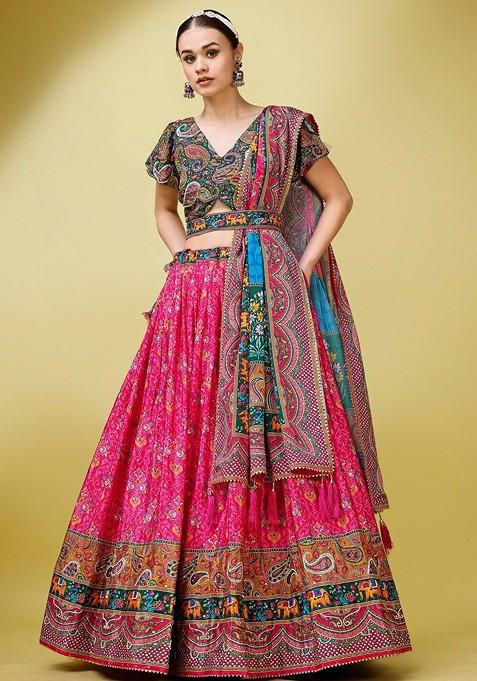 Green Printed Blended Lehenga Choli — view on Indya