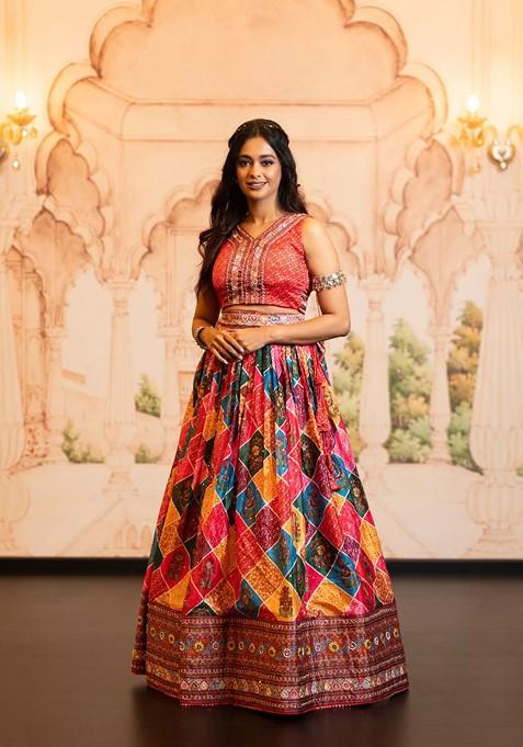Red Printed Blended Lehenga Choli — view on Indya