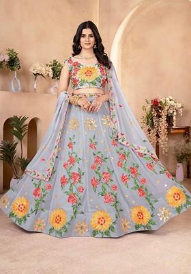 Grey Emboridered Blended Lehenga Choli