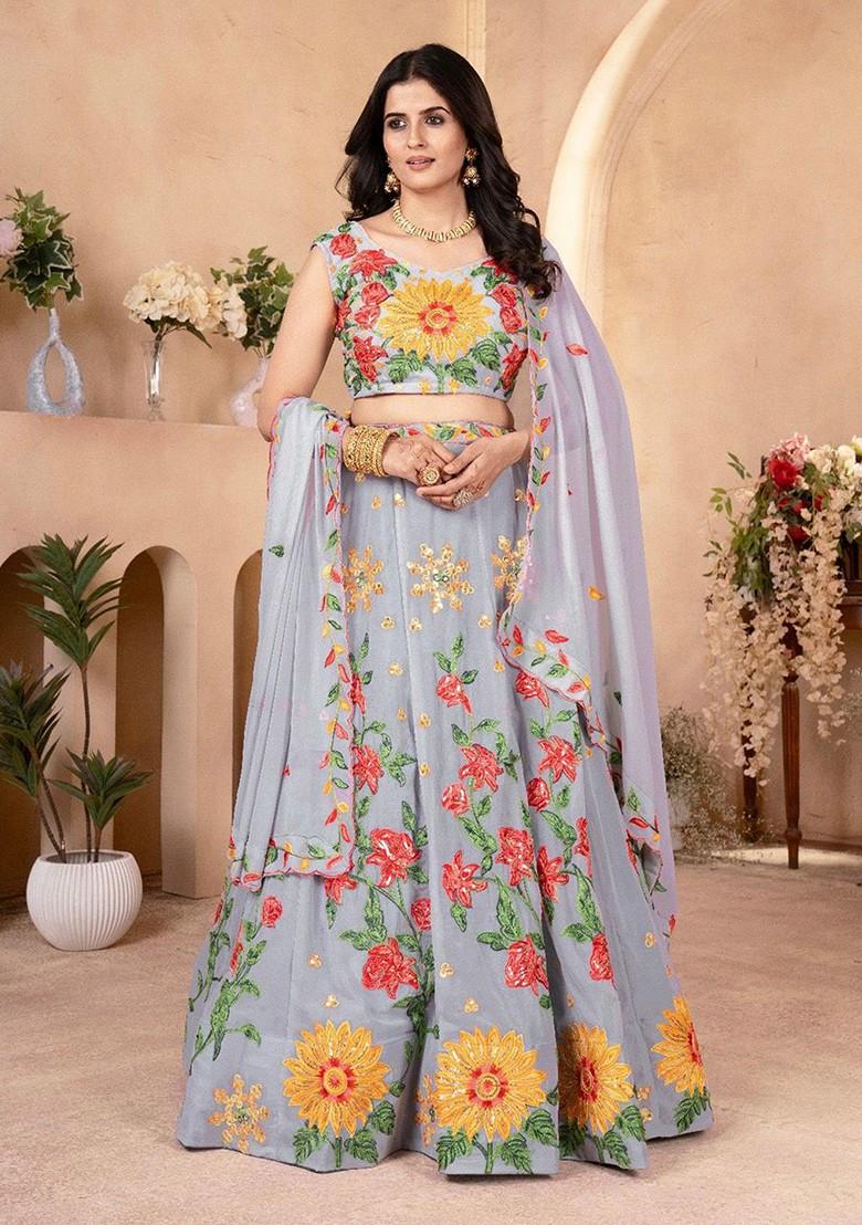 Grey Emboridered Blended Lehenga Choli - Indya