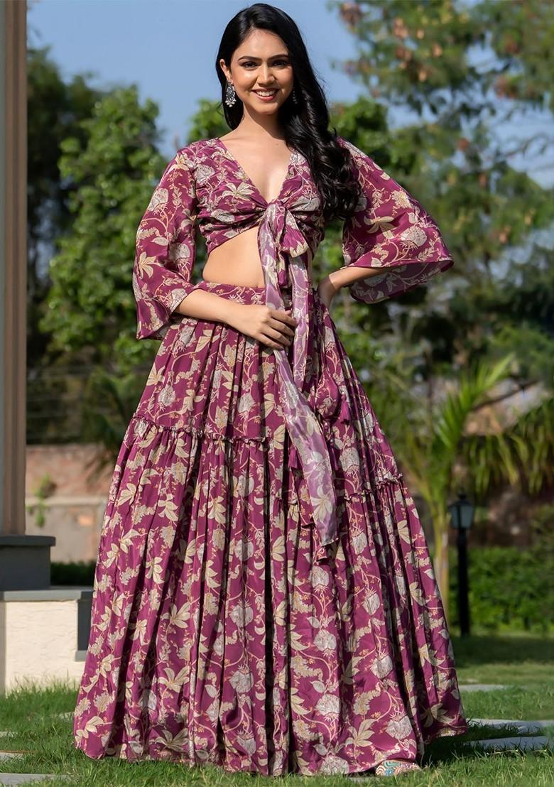 Burgundy Printed Blended Lehenga Choli
