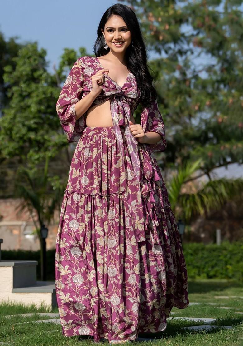 Burgundy Printed Blended Lehenga Choli - Indya