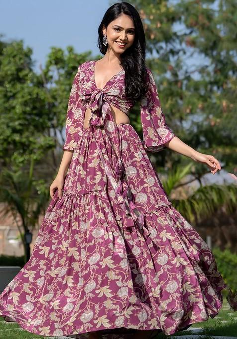 Burgundy Printed Blended Lehenga Choli