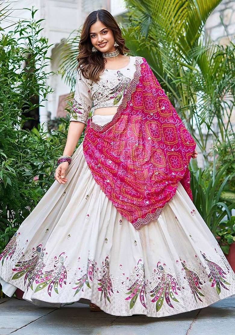 White Emboridered Blended Lehenga Choli - Indya