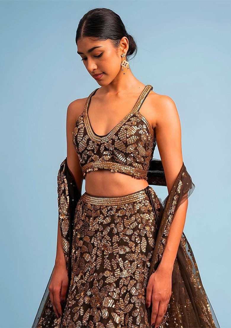 Brown Emboridered Blended Lehenga Choli - Indya