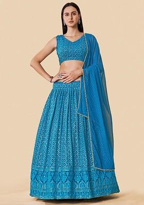 Blue Emboridered Blended Lehenga Choli