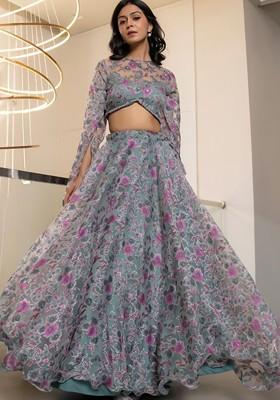 Grey Printed Blended Lehenga Choli