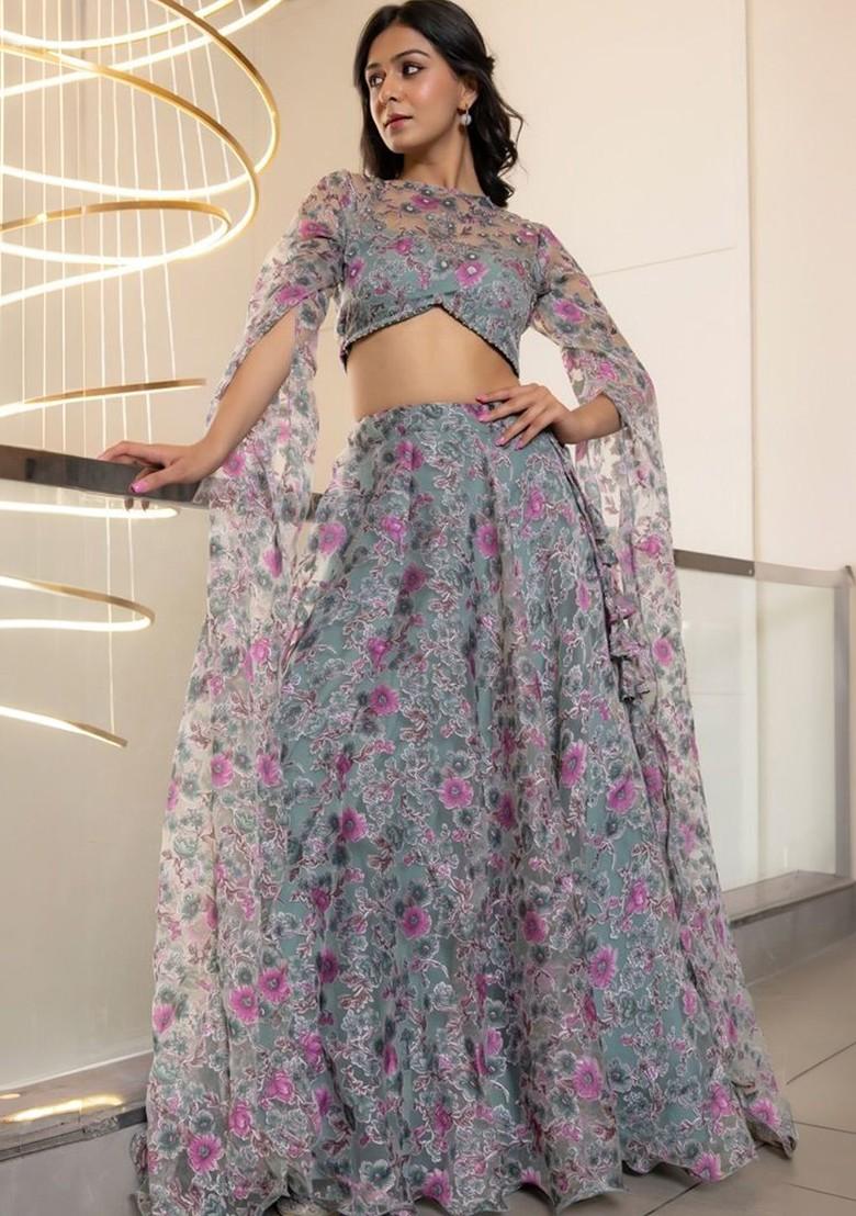 Grey Printed Blended Lehenga Choli - Indya