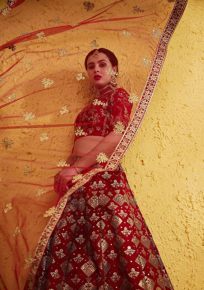 Red Emboridered Blended Lehenga Choli - Indya