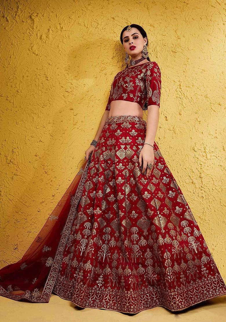 Red Emboridered Blended Lehenga Choli - Indya
