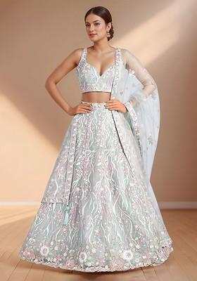 Sea Green Embellished Blended Lehenga Choli