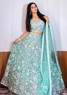 Blue Emboridered Blended Lehenga Choli