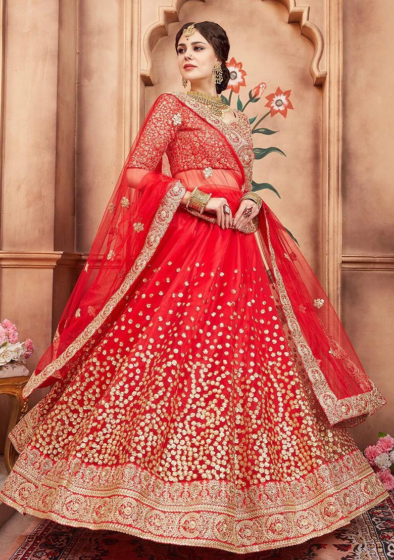 Red Emboridered Blended Lehenga Choli - Indya