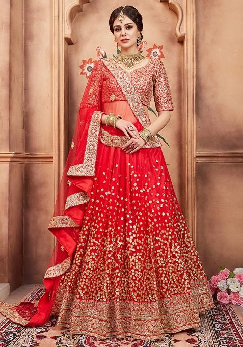 Red Emboridered Blended Lehenga Choli — view on Indya