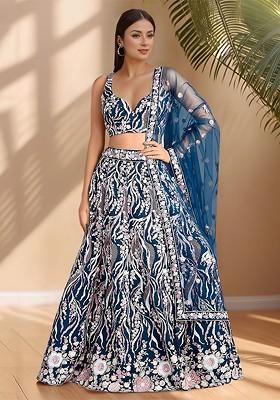 Blue Embellished Blended Lehenga Choli