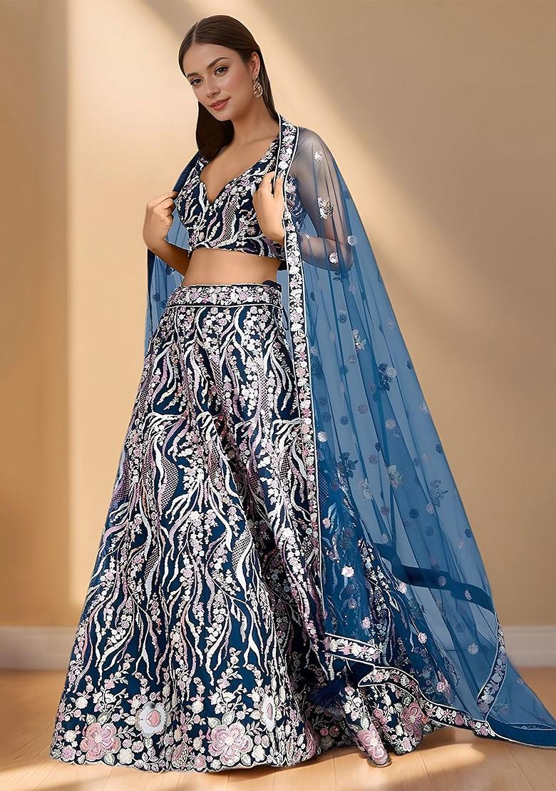 Blue Embellished Blended Lehenga Choli - Indya