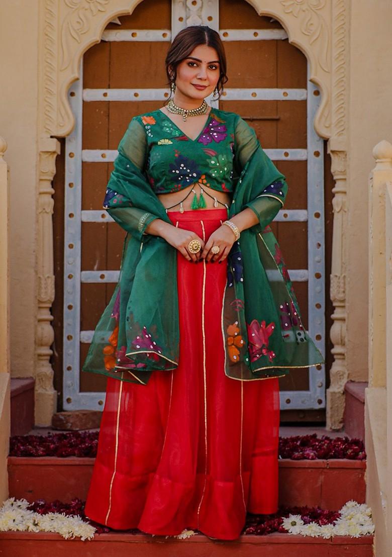 Green Printed Blended Lehenga Choli