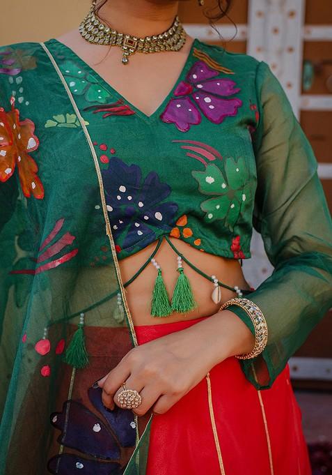 Green Printed Blended Lehenga Choli