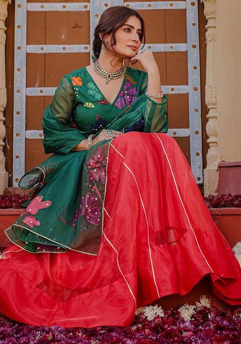 Green Printed Blended Lehenga Choli