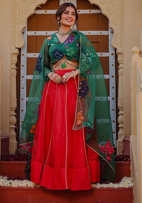 Green Printed Blended Lehenga Choli
