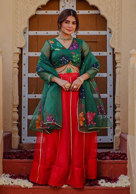 Green Printed Blended Lehenga Choli