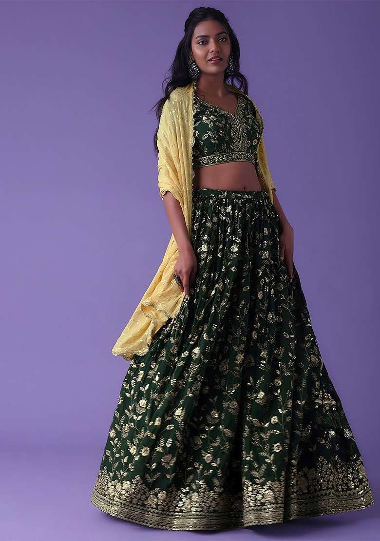 Green Embellished Blended Lehenga Choli - Indya