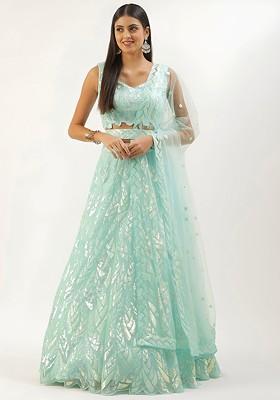 Blue Emboridered Blended Lehenga Choli