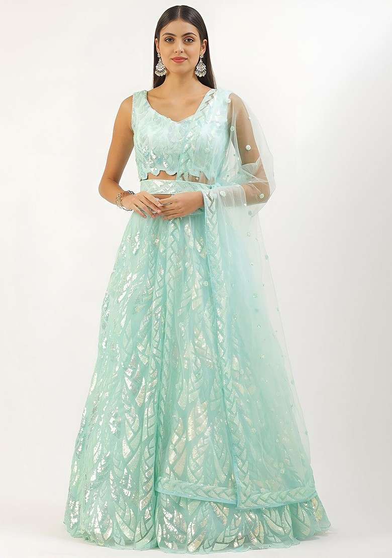 Blue Emboridered Blended Lehenga Choli - Indya