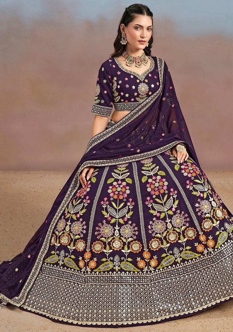 Purple Emboridered Blended Lehenga Choli - Indya