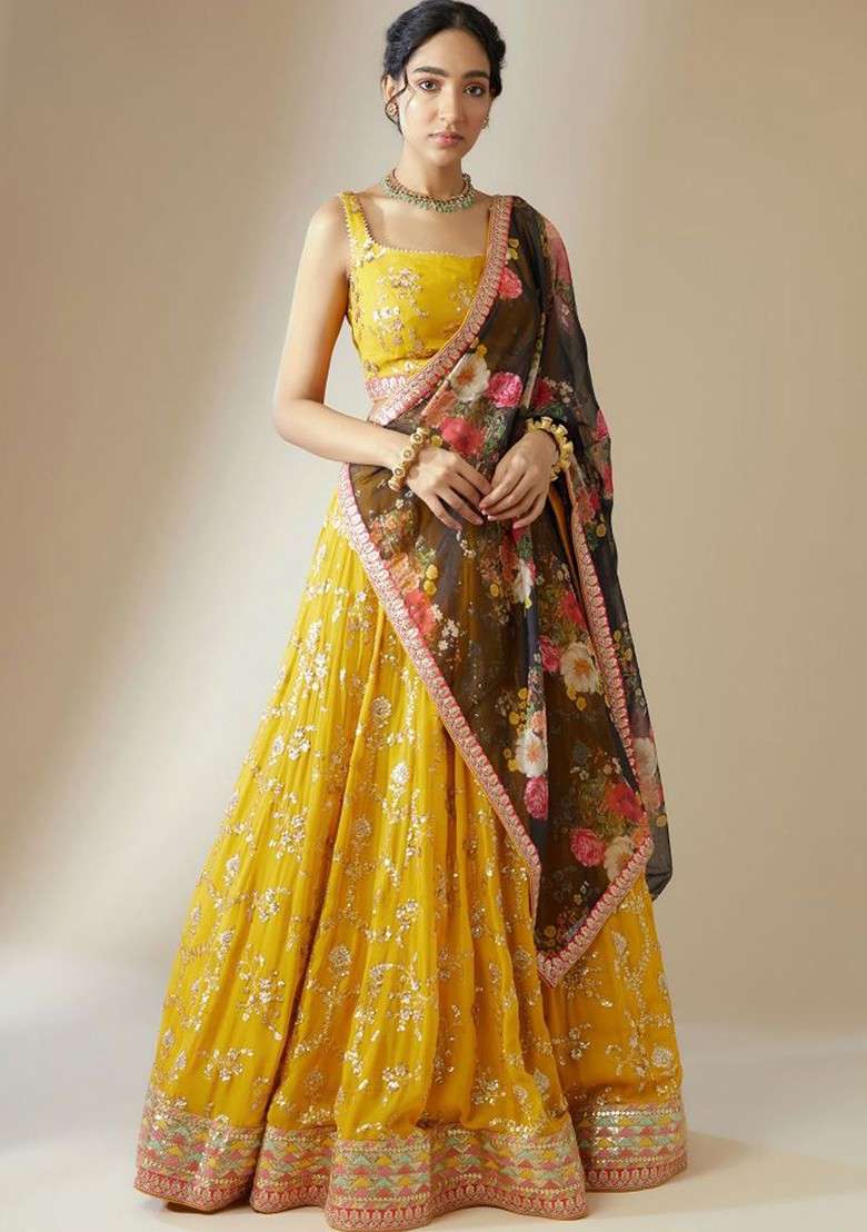 Yellow Emboridered Blended Lehenga Choli - Indya