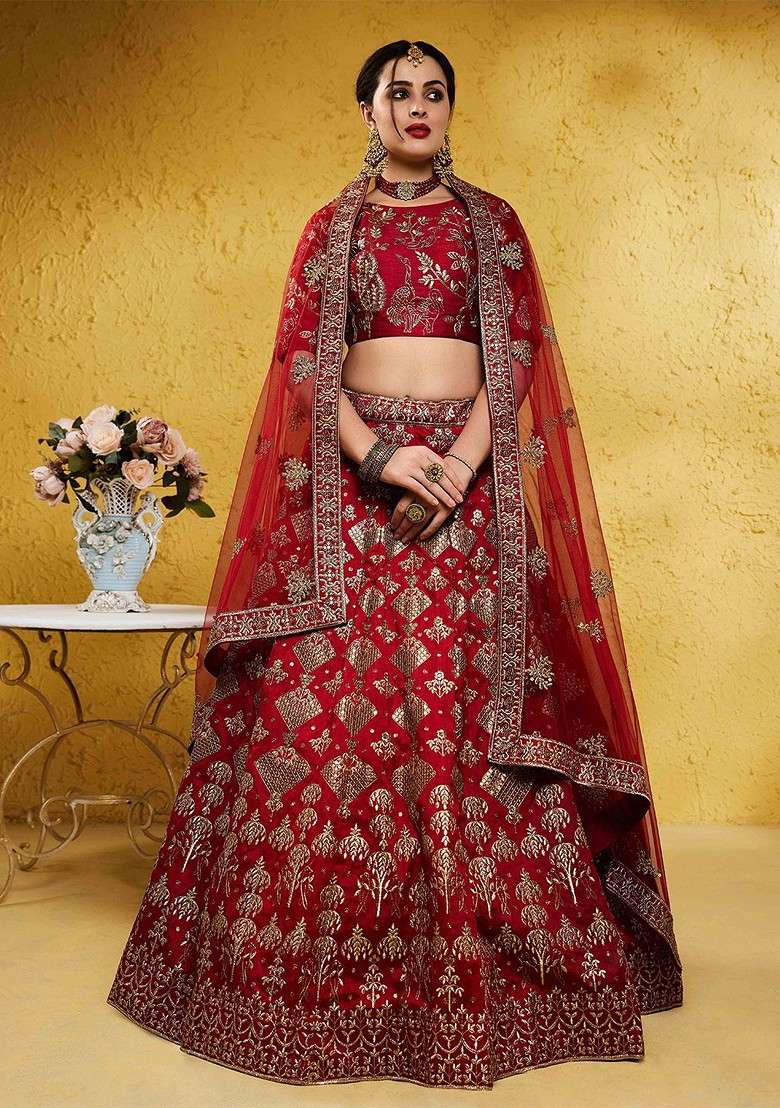 Red Emboridered Blended Lehenga Choli - Indya