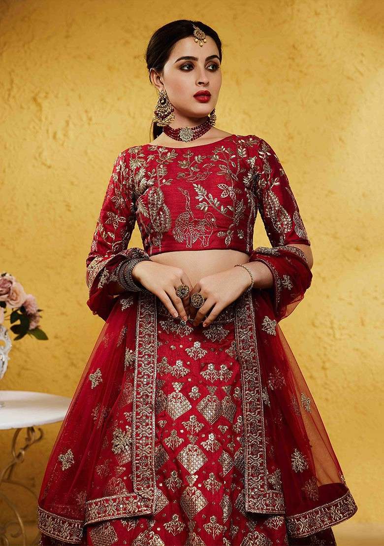 Red Emboridered Blended Lehenga Choli - Indya