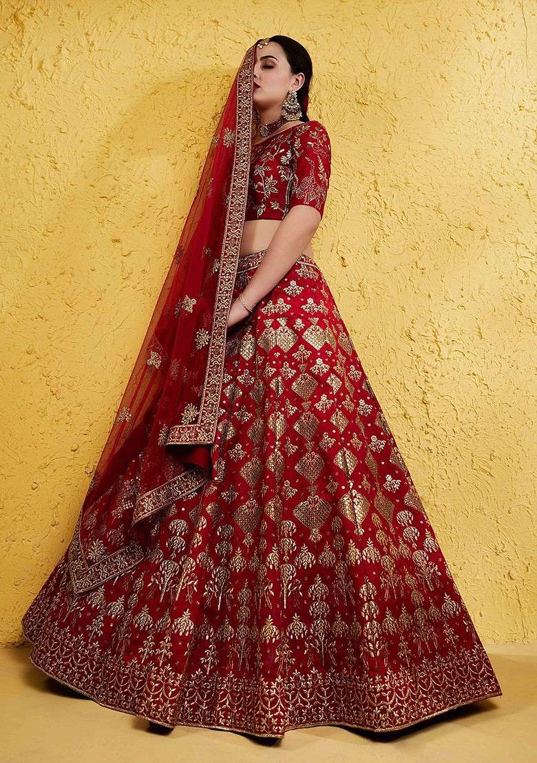 Red Emboridered Blended Lehenga Choli - Indya