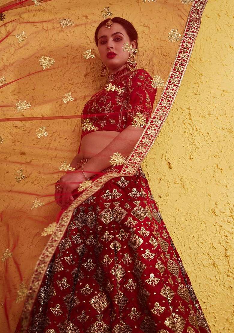 Red Emboridered Blended Lehenga Choli - Indya