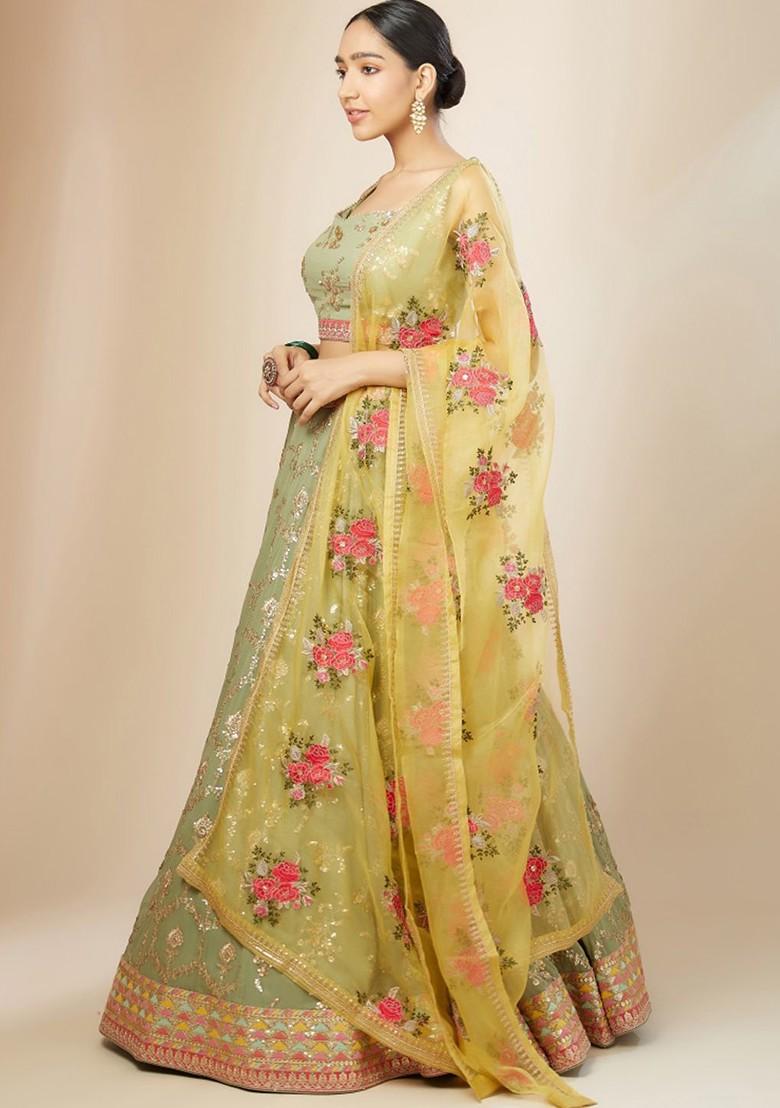 Sea Green Emboridered Blended Lehenga Choli - Indya