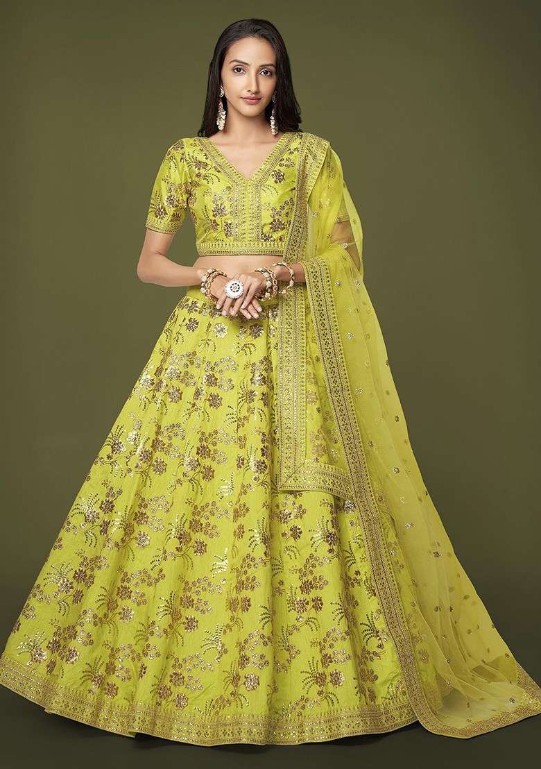 Green Emboridered Blended Lehenga Choli - Indya