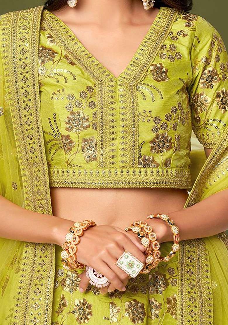 Green Emboridered Blended Lehenga Choli - Indya