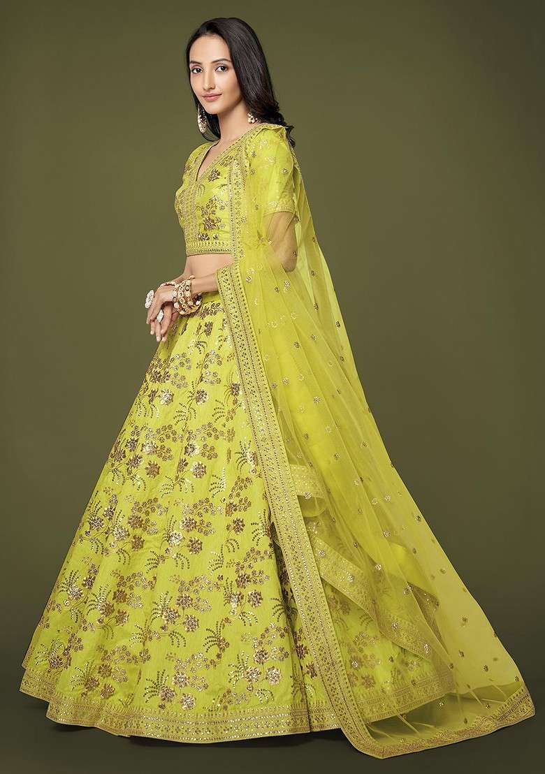 Green Emboridered Blended Lehenga Choli - Indya