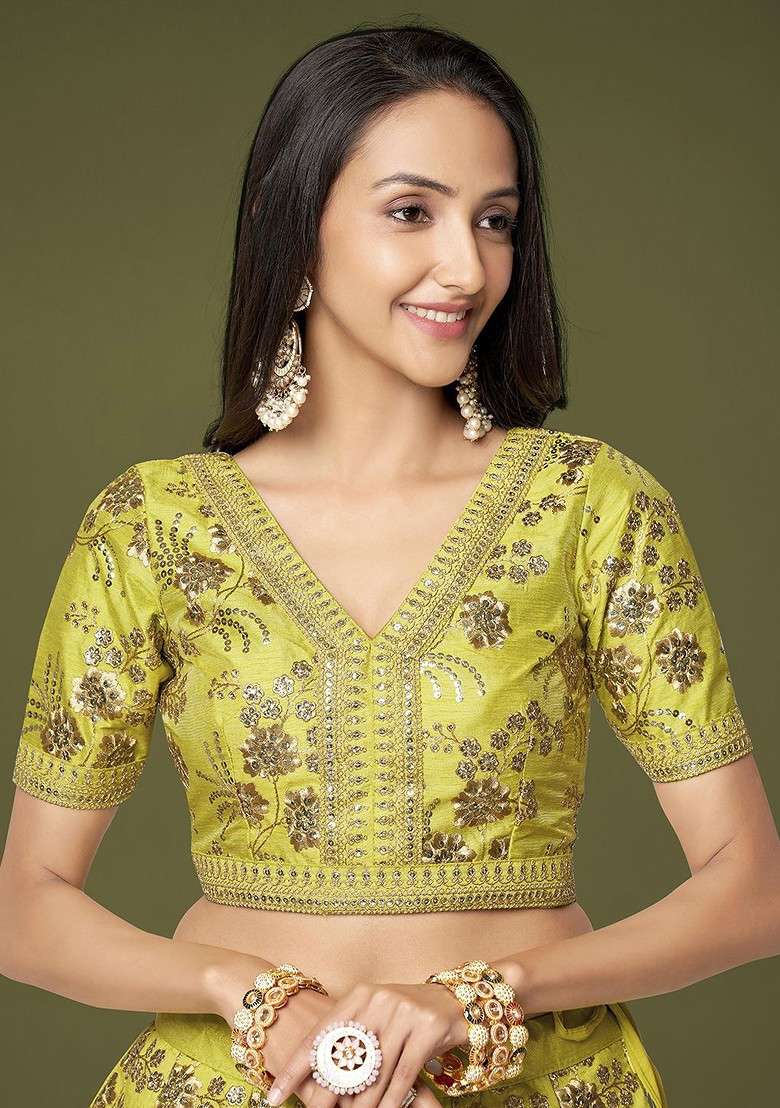 Green Emboridered Blended Lehenga Choli - Indya