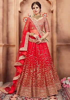 Red Emboridered Blended Lehenga Choli