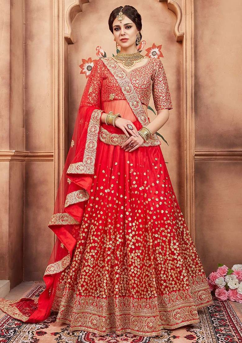Red Emboridered Blended Lehenga Choli - Indya