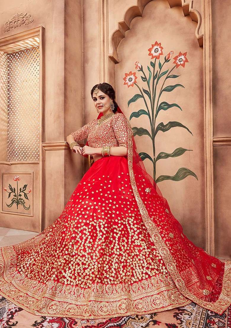 Red Emboridered Blended Lehenga Choli - Indya