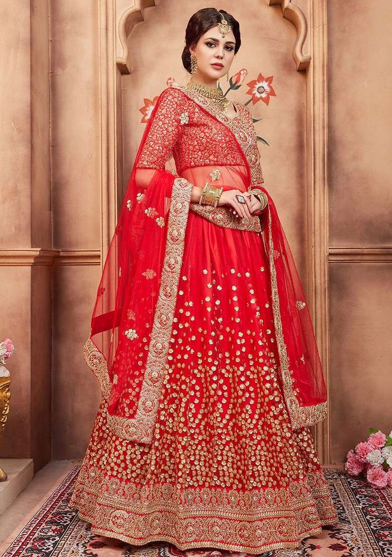 Red Emboridered Blended Lehenga Choli - Indya