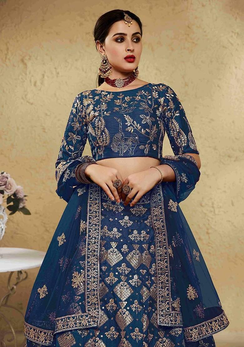 Blue Emboridered Blended Lehenga Choli - Indya