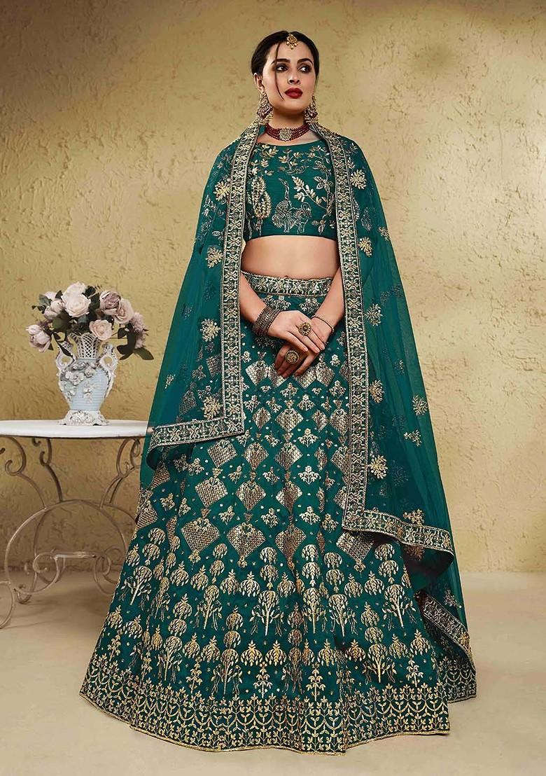 Green Emboridered Blended Lehenga Choli - Indya