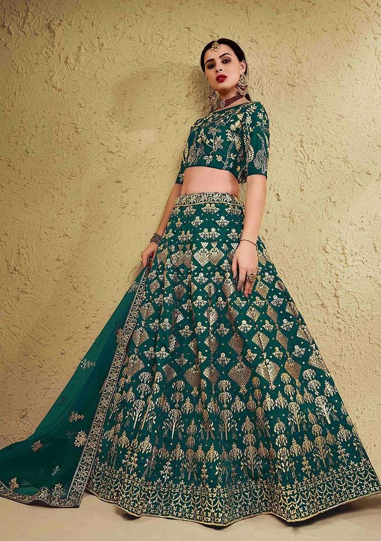 Green Emboridered Blended Lehenga Choli - Indya