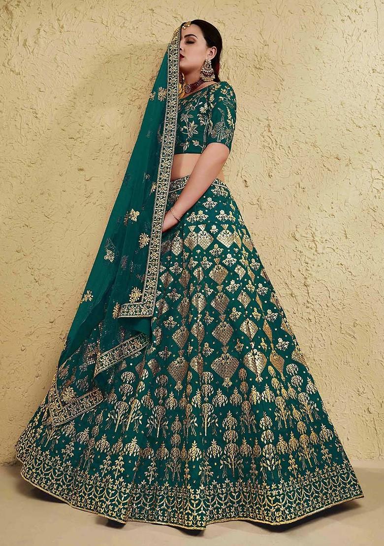 Green Emboridered Blended Lehenga Choli - Indya